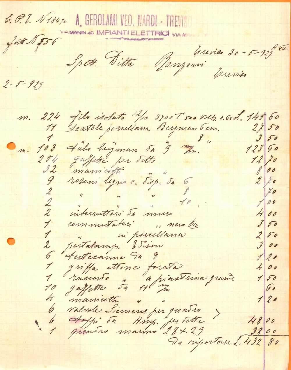 Documento originale, autentico 1929 TREVISO Impianti elettrici GEROLAMI NARDI lavori interruttori quadri rosoni 1