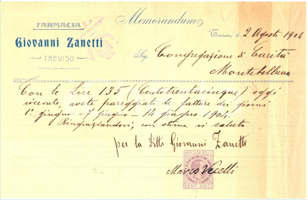 Documento originale, autentico 1904 TREVISO Farmacia Giovanni ZANETTI Documento 1