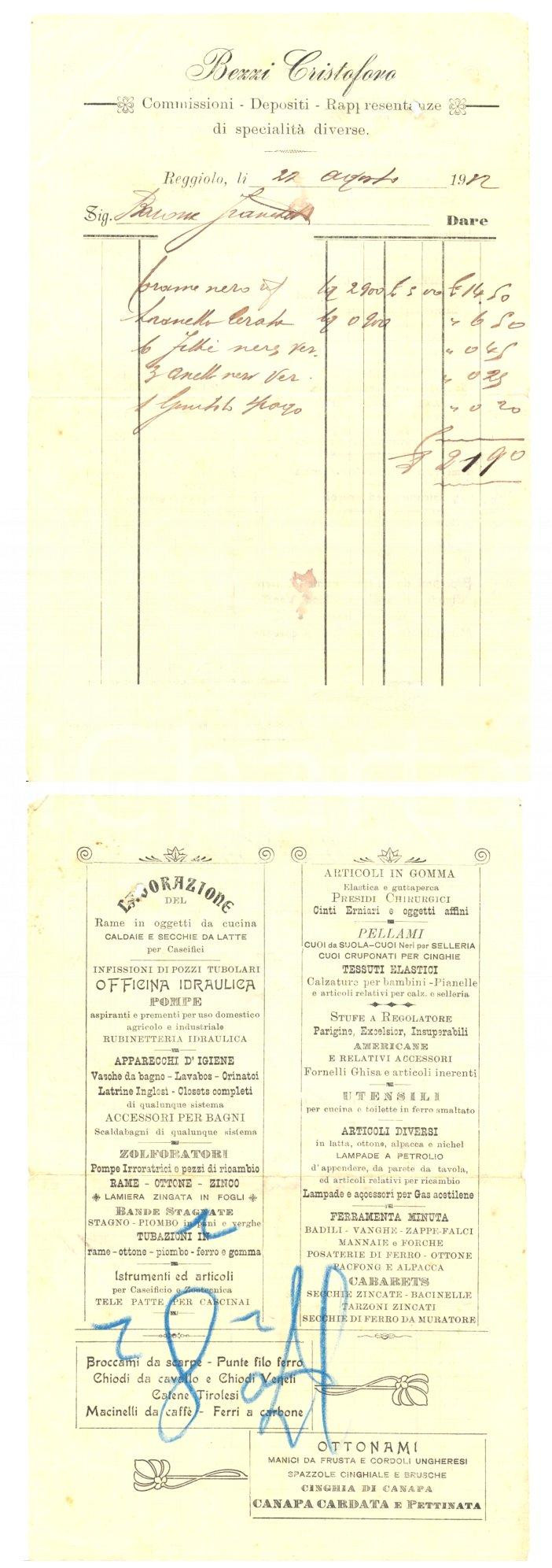 Documento originale, autentico 1912 REGGIOLO RE Cristoforo BEZZI commissioni depositi con pubblicità Fattura 1