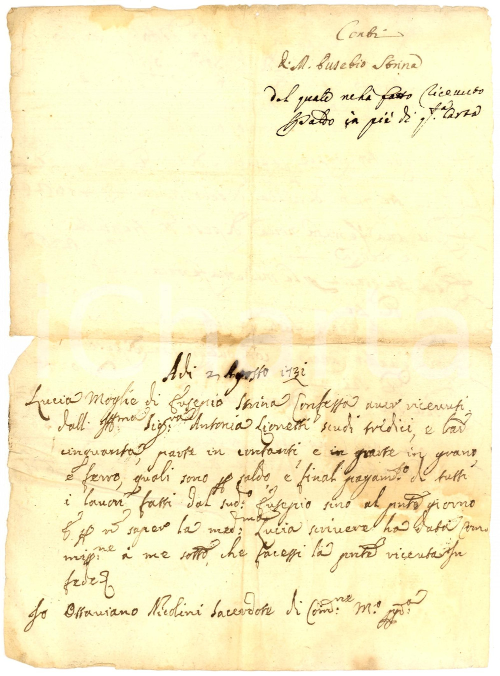 Documento originale, autentico 1731 CASCIA PG Eusebio STRINA pagato in grano e ferro 1