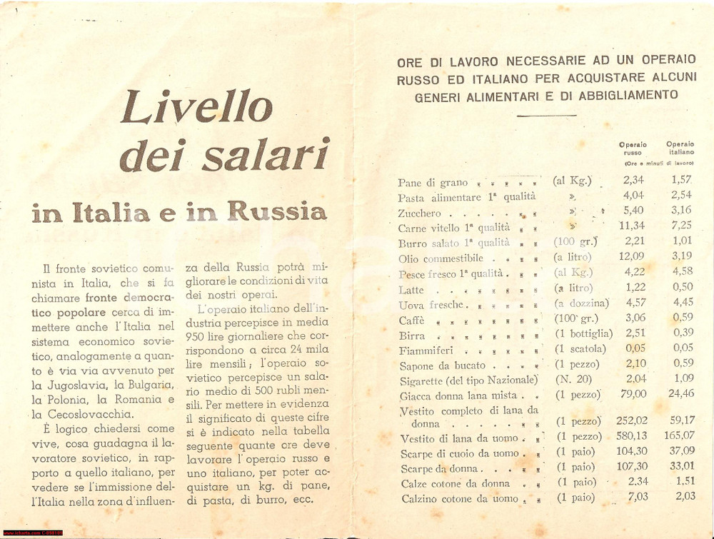 Oggetto da collezione cartaceo 1950 ca ANTICOMUNISMO Livello dei salari in Italia e in Russia PROPAGANDA 1 1