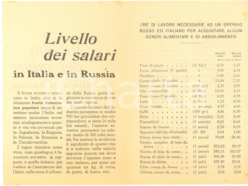 Materiale pubblicitario d’epoca 1950 ca ANTICOMUNISMO Livello dei salari in Italia e in Russia PROPAGANDA 2 1