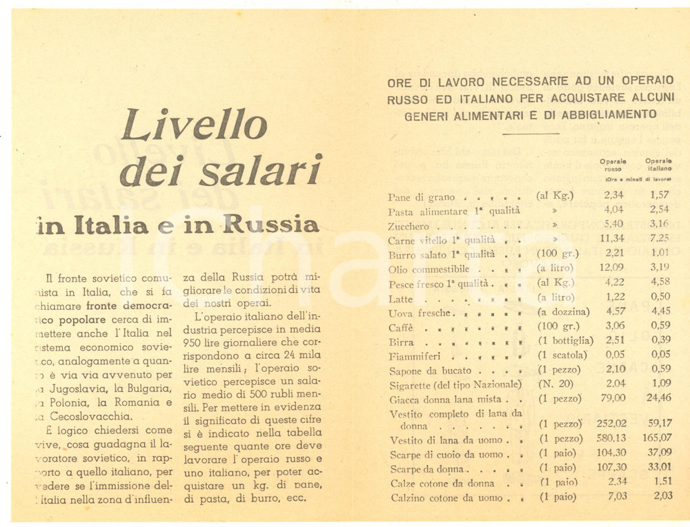 Materiale pubblicitario d’epoca 1950 ca ANTICOMUNISMO Livello dei salari in Italia e in Russia PROPAGANDA 6 1