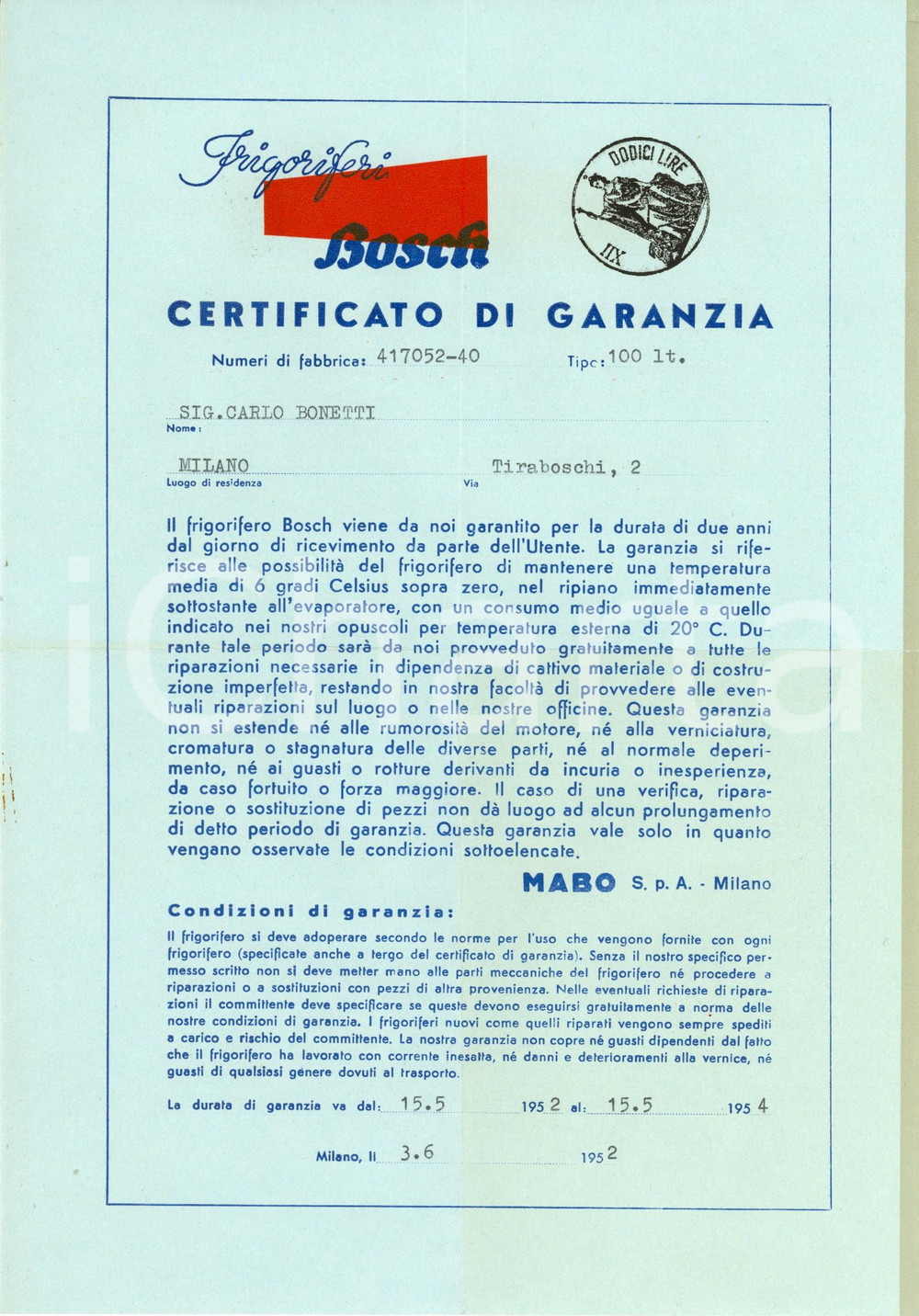 Documento originale, autentico 1952 MILANO Frigoriferi BOSCH Certificato di garanzia MABO s.p.a. Documento 1