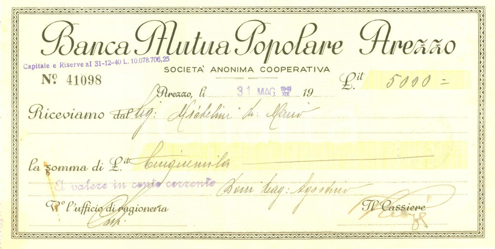 Documento originale, autentico 1941 AREZZO Mario MICHELINI versa denaro a Banca Mutua Popolare Documento 1