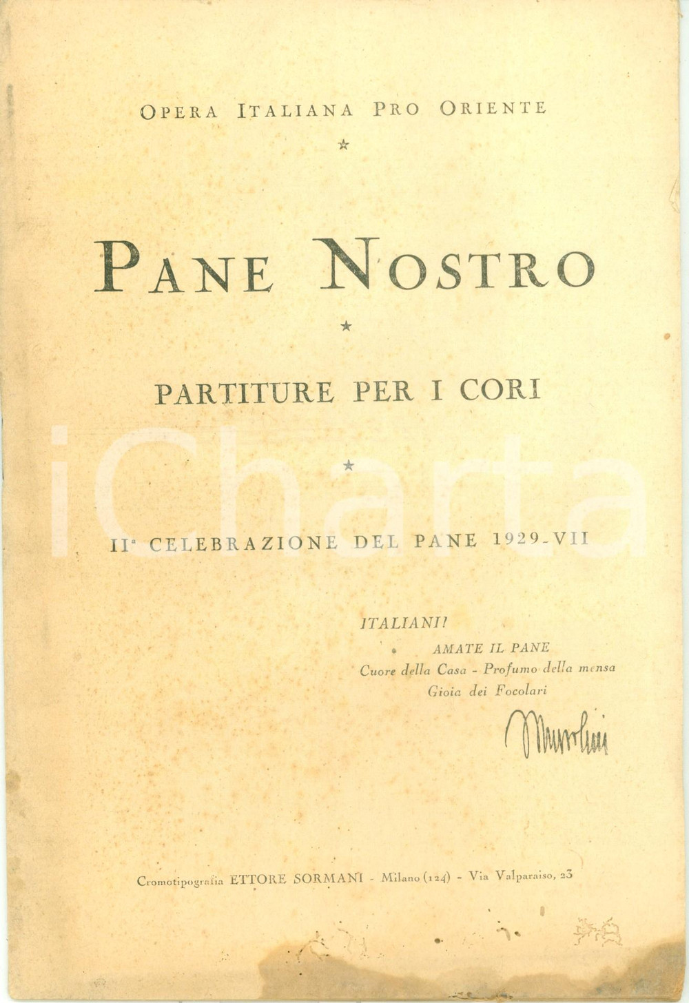 Documento originale, autentico 1929 MILANO Opera Italiana PRO ORIENTE Pane Nostro  Partiture cori Spartito 3 1