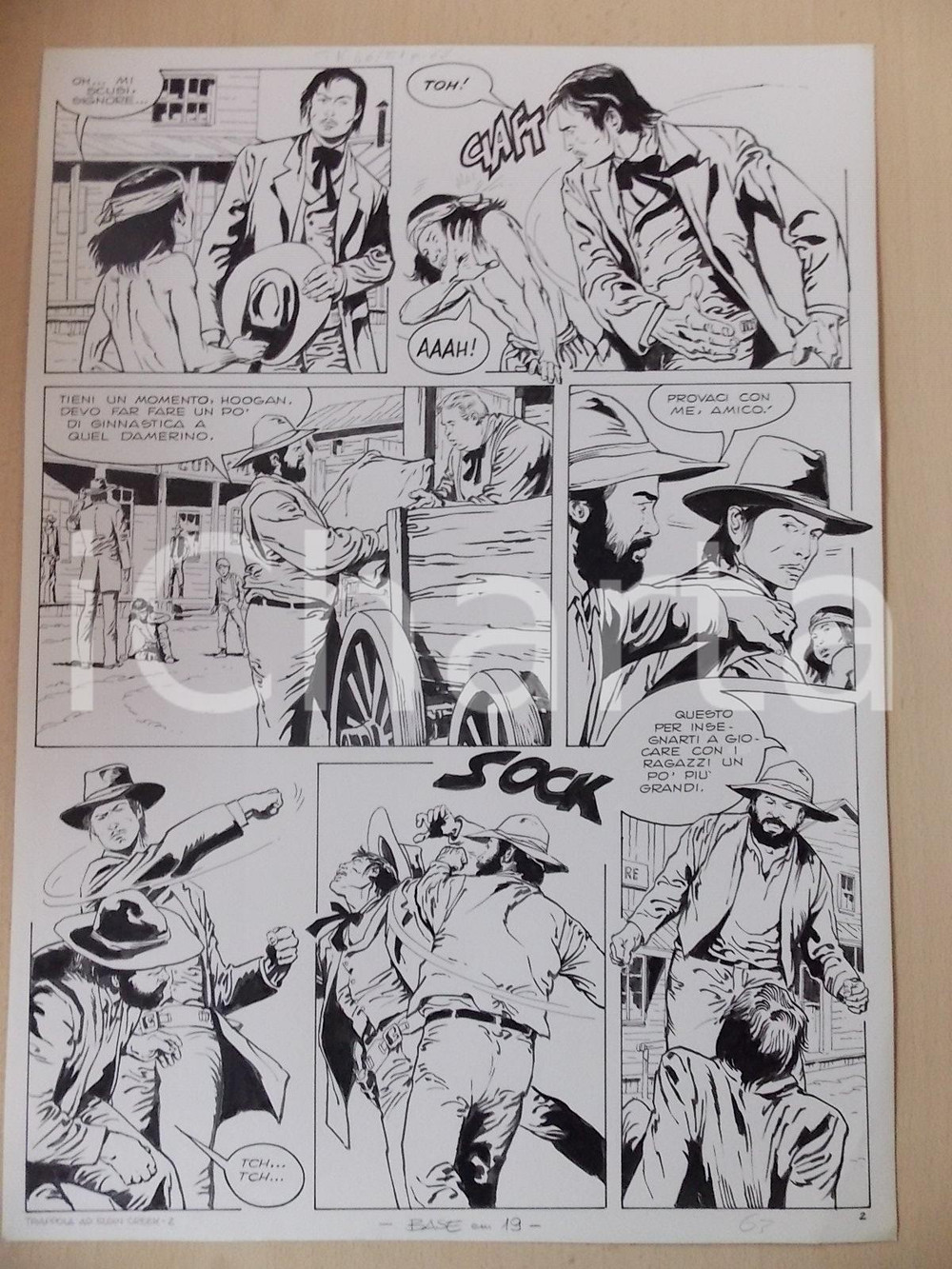 Opera d’arte autentica 1970 ca TRAPPOLA A ELGIN CREEK Luciano BERNASCONI Rissa tra cowboy Tavola LUBE 1