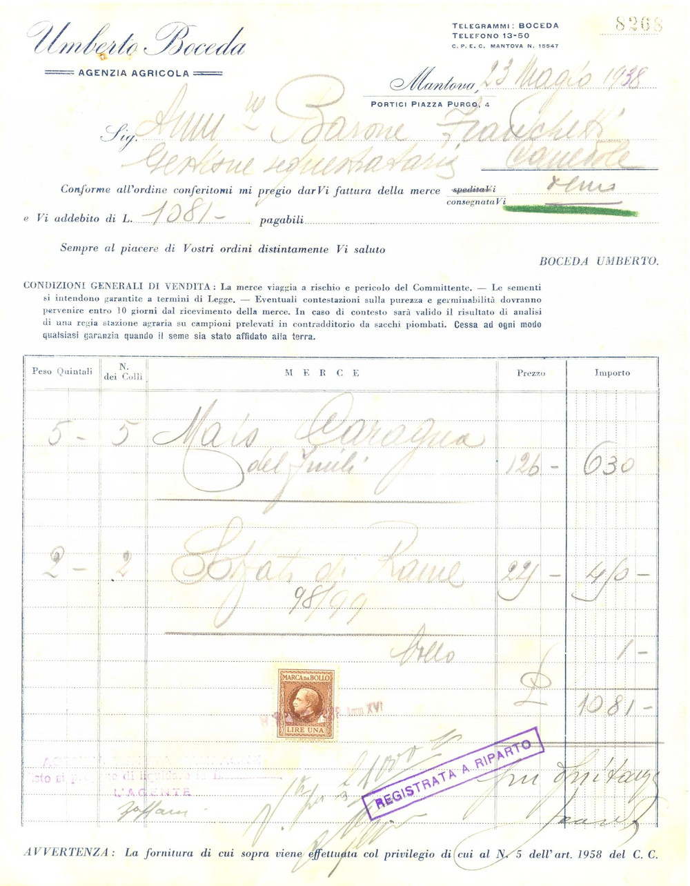 Documento originale, autentico 1938 MANTOVA Umberto BOCEDA agenzia agricola mais Caragna e solfati rame Fattura 1