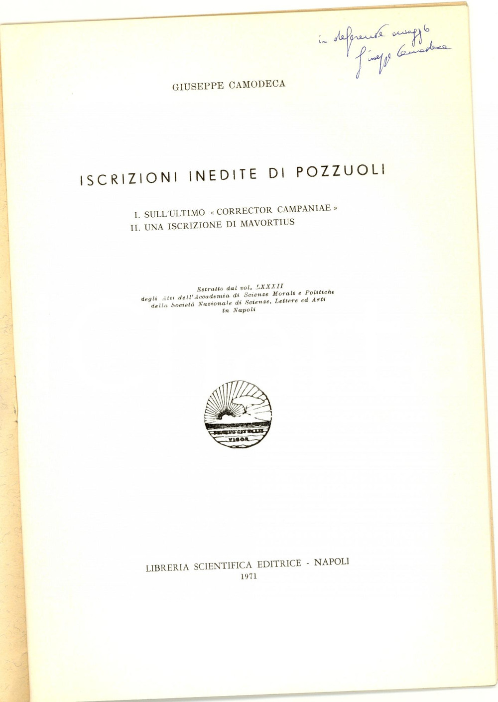 Libro, pubblicazione d epoca 1971 Giuseppe CAMODECA Iscrizioni inedite di POZZUOLI 1