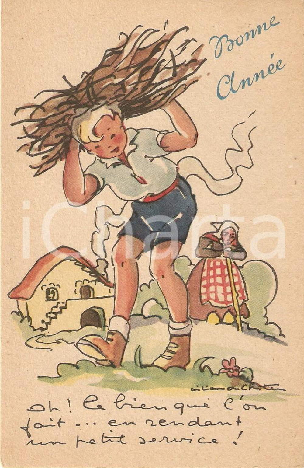 Cartolina originale da collezione 1972 BUON ANNO Ragazzo trasporta fascio di legna Cartolina ILLUSTRATA FP NV 1