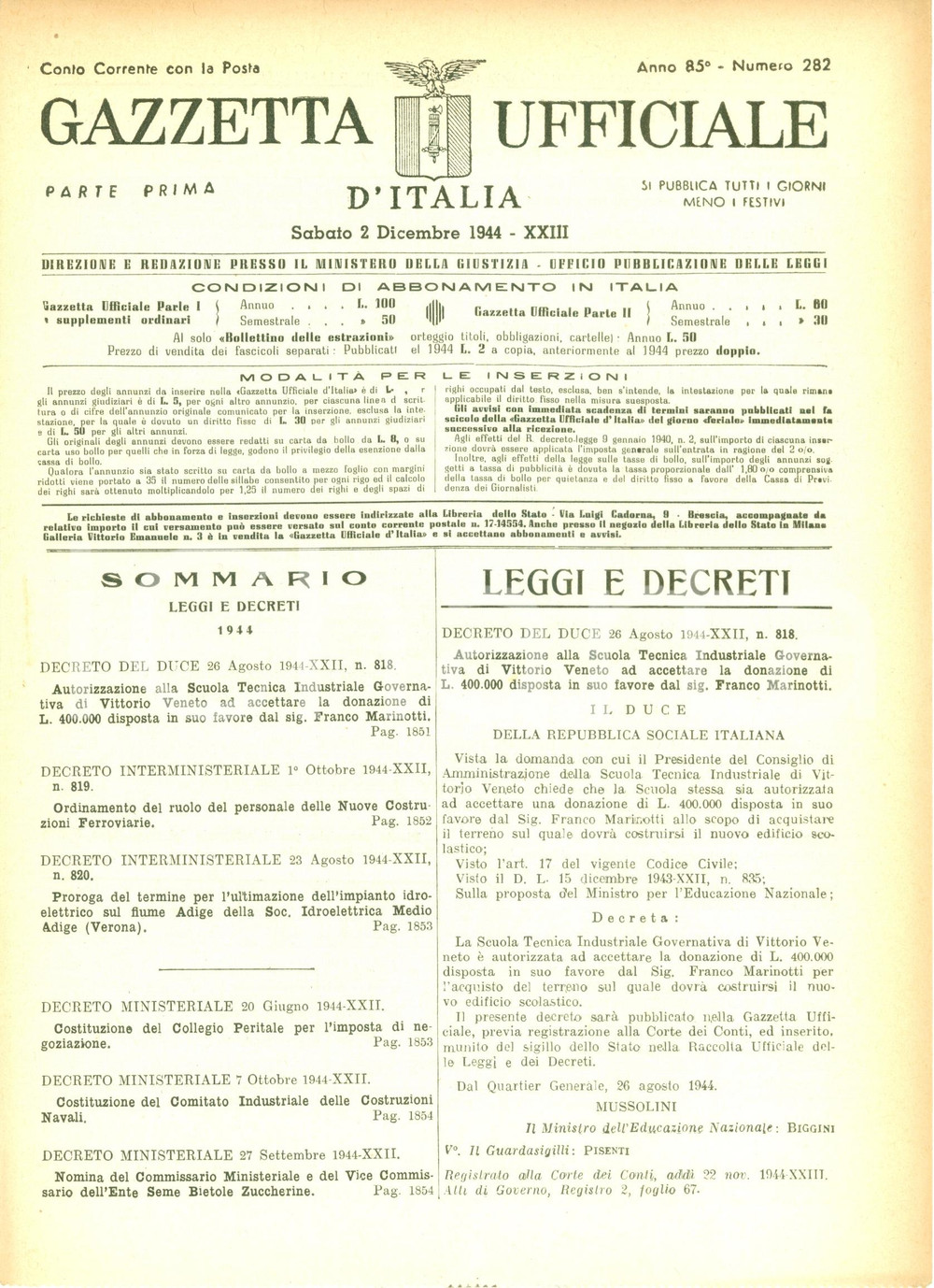 Documento originale, autentico 1944 GAZZETTA UFFICIALE RSI Ordinamento personale Nuove Costruzioni Ferroviarie 1