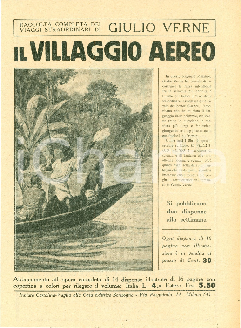 Oggetto da collezione cartaceo 1925 SONZOGNO Giulio VERNE Il villaggio aereo Volantino ILLUSTRATO 1