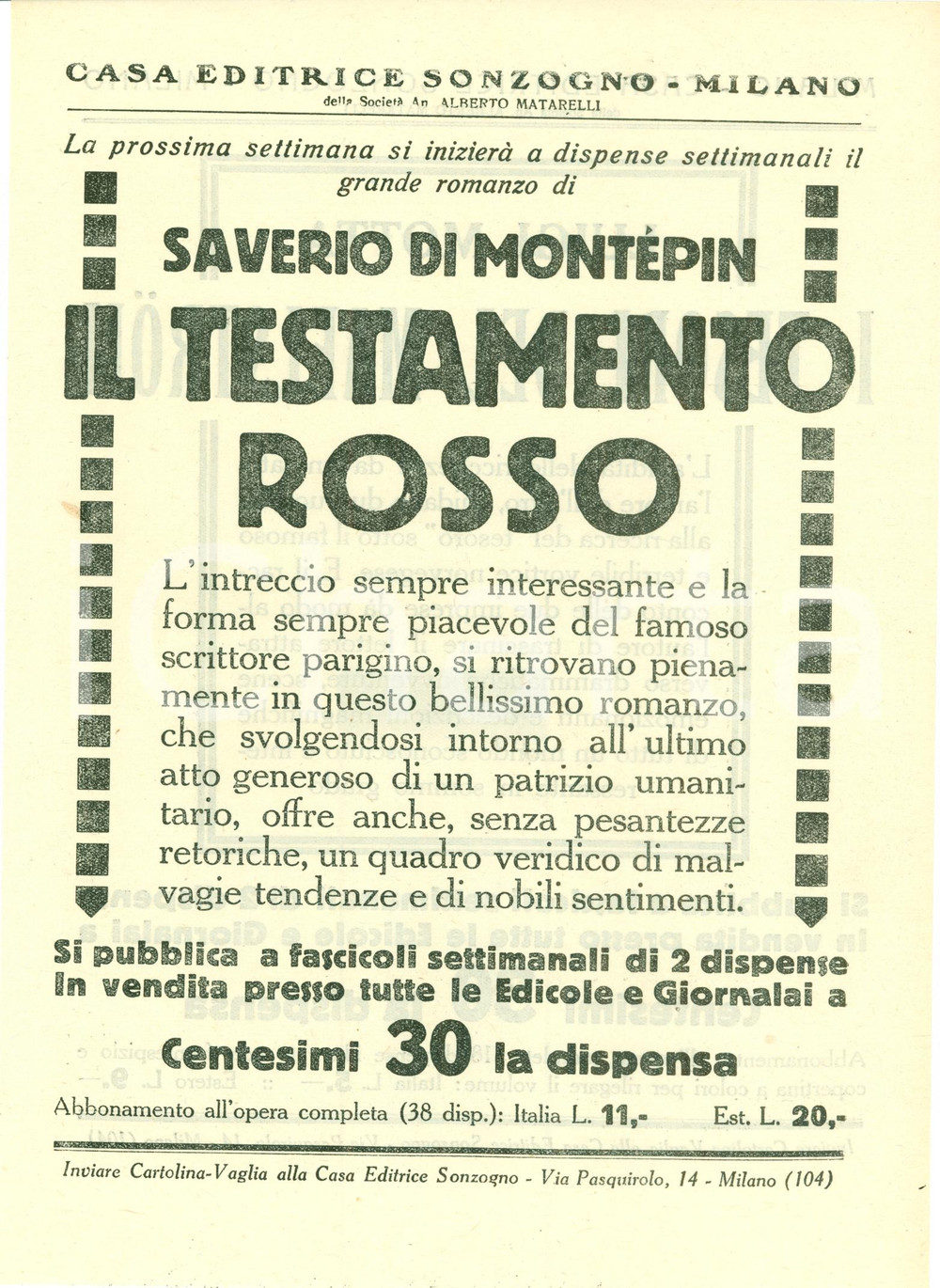 Oggetto da collezione cartaceo 1927 SONZOGNO Xavier DE MONTEPIN Testamento rosso VOLANTINO editoriale 1