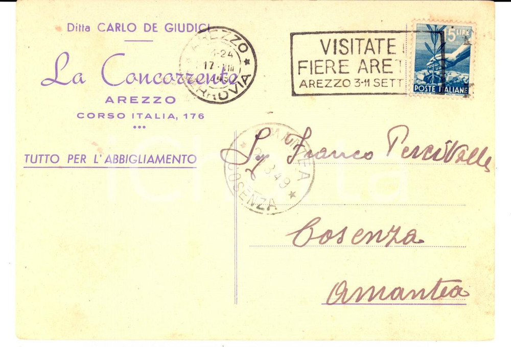 Manoscritto, lettera originale 1949 AREZZO Negozio LA CONCORRENTE Messaggio Carlo DE GIUDICI Cartolina FG 1