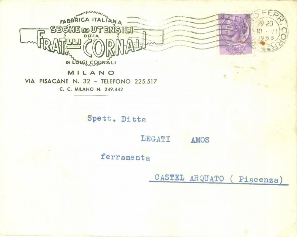 Materiale pubblicitario d’epoca 1955 MILANO Seghe ed utensili Fratelli CORNALI Busta intestata priva contenuto 1