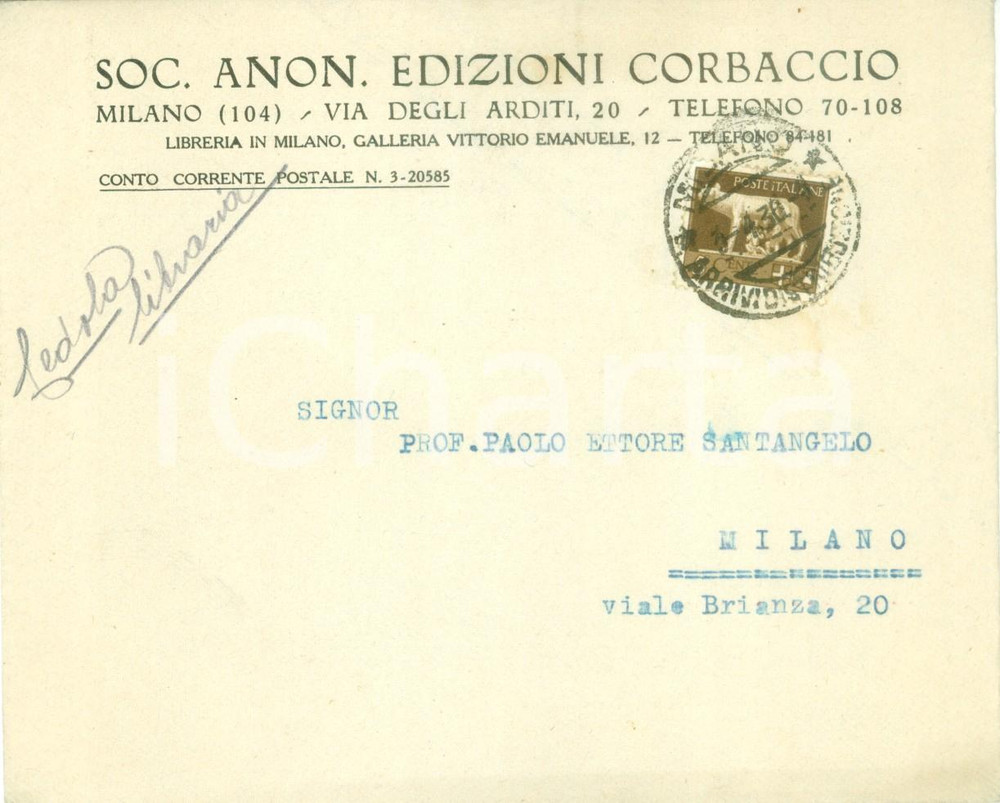 Materiale pubblicitario d’epoca 1936 MILANO Soc. Anon. Edizioni CORBACCIO Busta intestata priva di contenuto 1