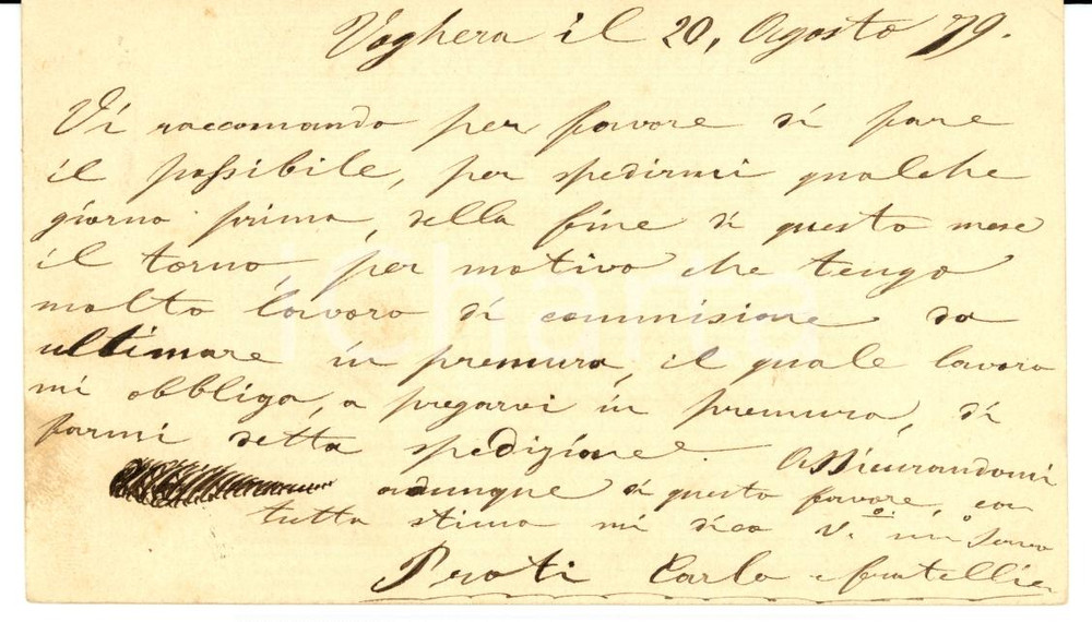 Documento originale, autentico 1879 VOGHERA PV Ditta meccanica Carlo PRATI e fratelli oberata di lavoro 1