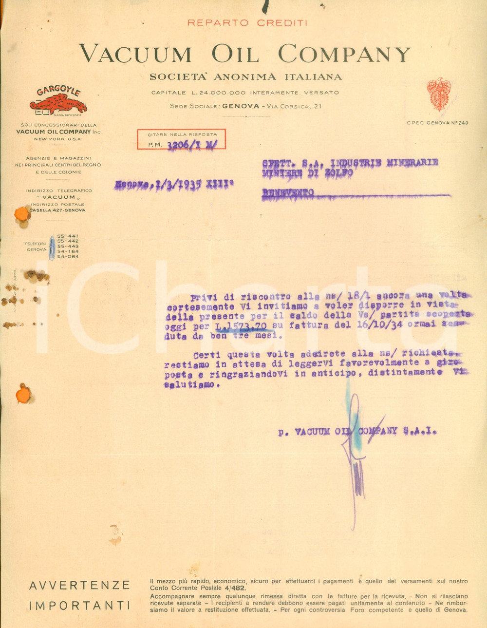 Documento originale, autentico 1935 GENOVA SocietÃ  VACUUM OIL COMPANY sollecita pagamento Lettera commerciale 1
