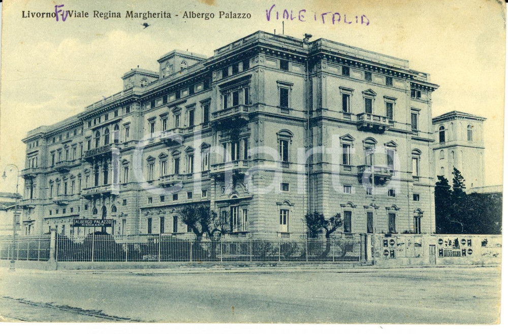 Cartolina originale da collezione 1920 ca LIVORNO Veduta viale REGINA MARGHERITA e albergo PALAZZO FP NV 1