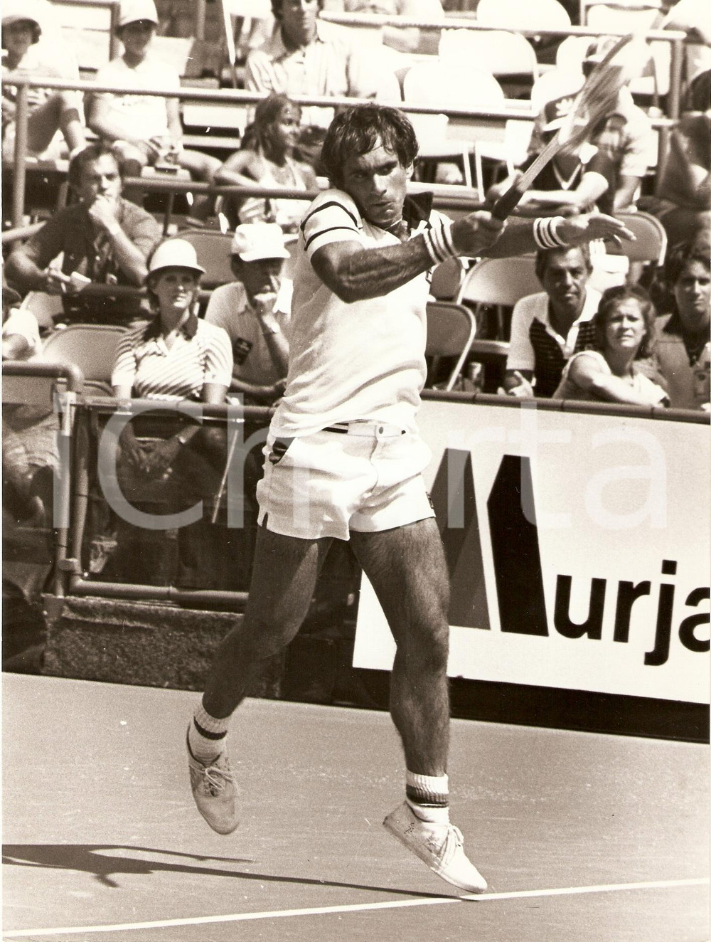 Fotografia d epoca originale 1980 ca STATI UNITI Tennis Harold SOLOMON durante un incontro Sponsor FILA Foto 1