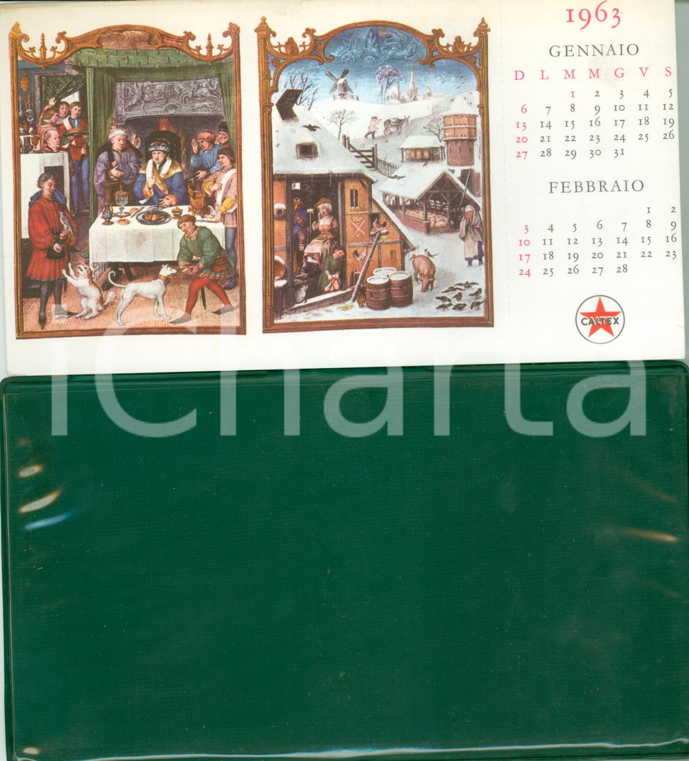 Materiale pubblicitario d’epoca 1963 CALTEX Calendario pubblicitario ILLUSTRATO con SEI CARTOLINE e base tavolo 1