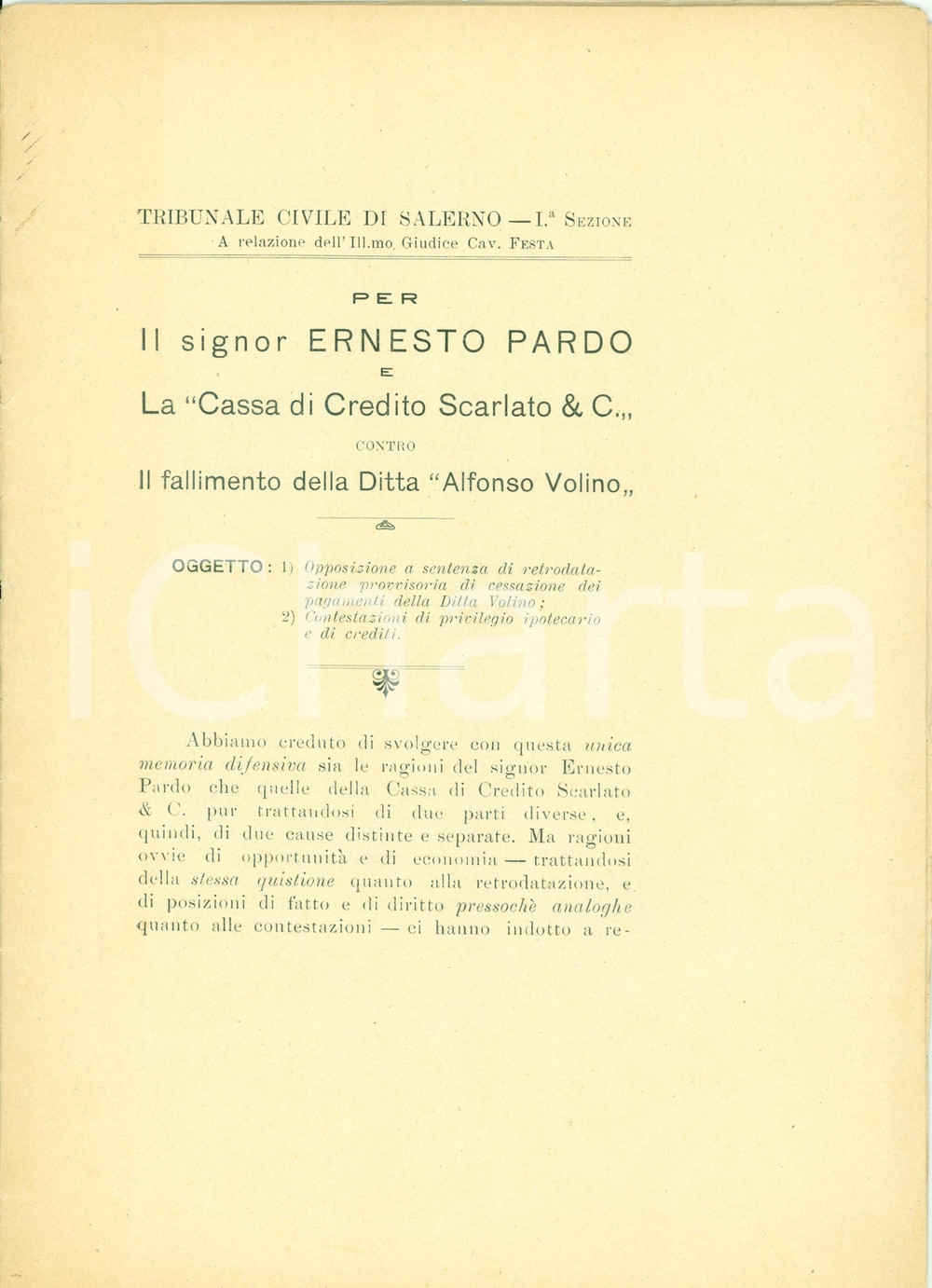 Documento originale, autentico 1929 SALERNO Ernesto PARDO Cassa Credito SCARLATO contro Ditta Alfonso VOLINO 1