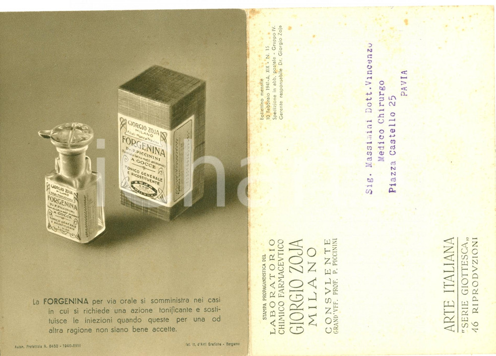 Materiale pubblicitario d’epoca 1941 MILANO Laboratorio Giorgio ZOJA Forgenina GIOTTO PubblicitÃ  farmaceutica 1