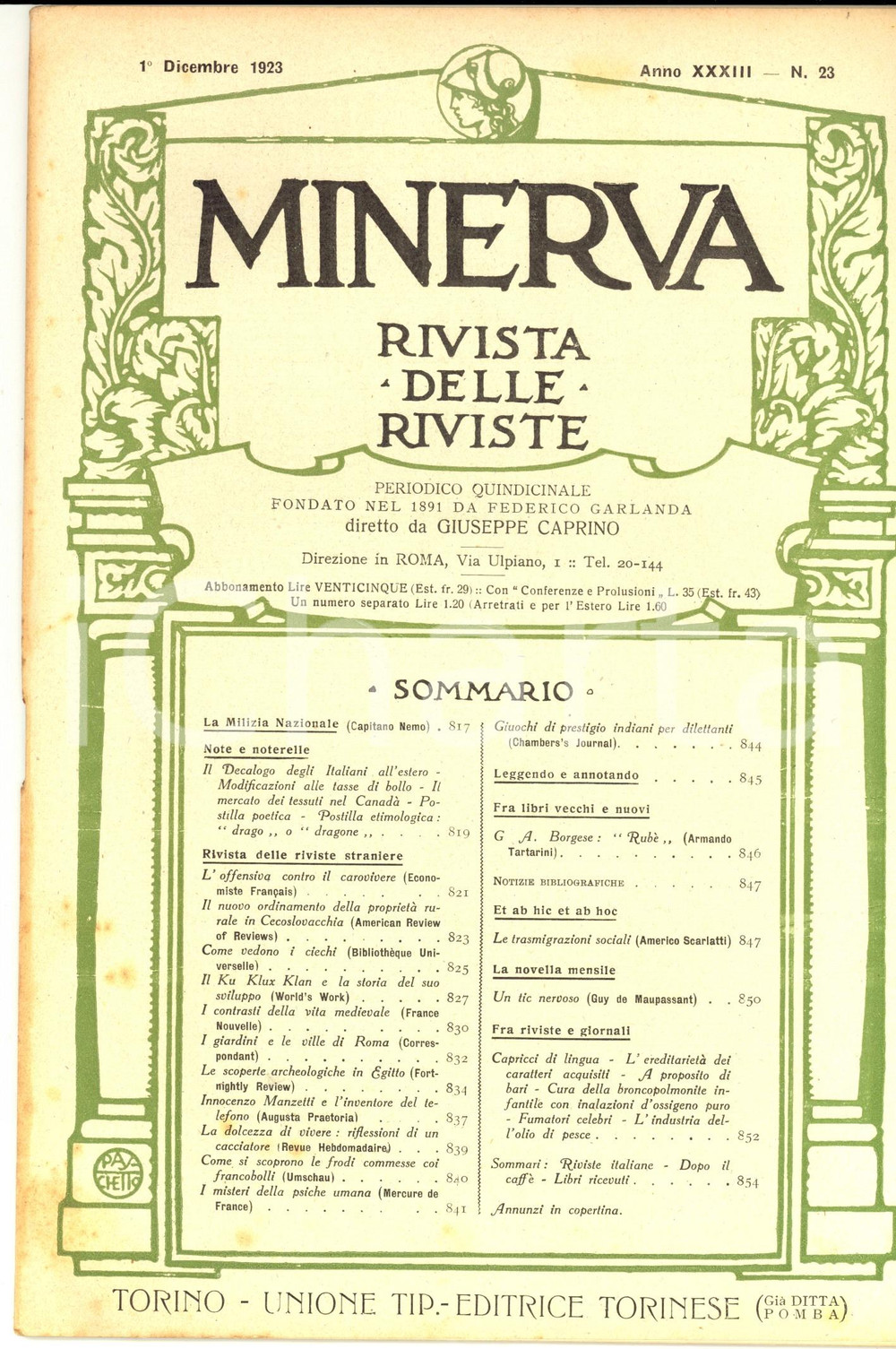 Giornale, rivista storica 1923 MINERVA Rivista delle Riviste  Il Ku Klux Klan e il suo sviluppo nÂ° 23 1