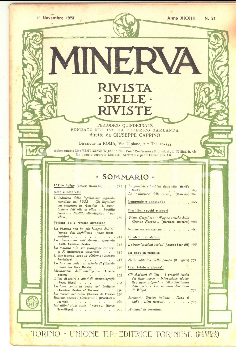 Giornale, rivista storica 1923 MINERVA Rivista  Guarigione dalla malaria con i raggi X nÂ° 21 1