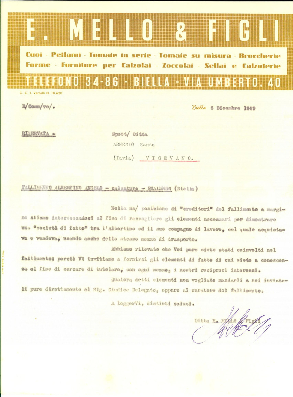 Manoscritto, lettera originale 1949 BIELLA Ditta E. MELLO & Figli creditori di Angelo ALBERTINO per fallimento 1