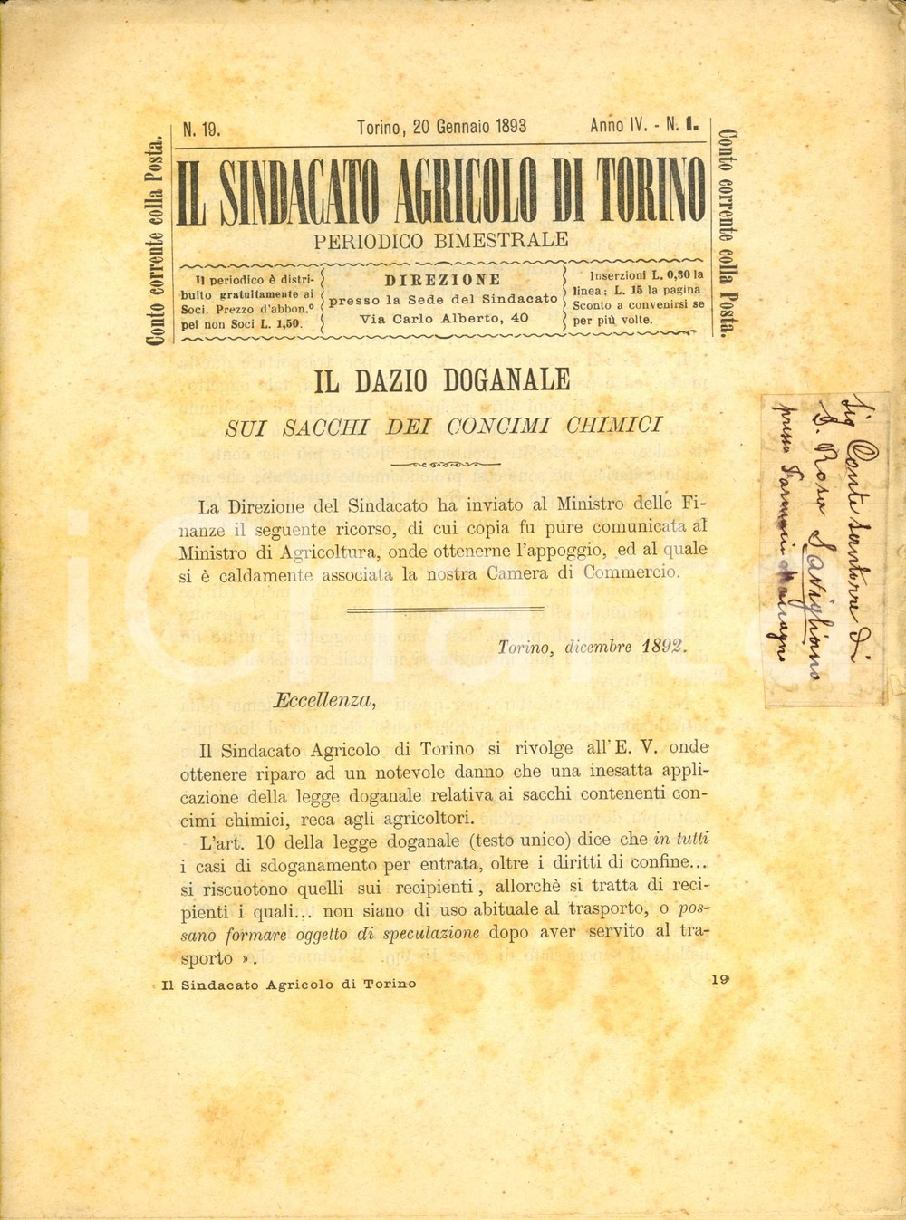 1893 TORINO SINDACATO AGRICOLO Il dazio doganale sui concimi chimici Anno IV n°1