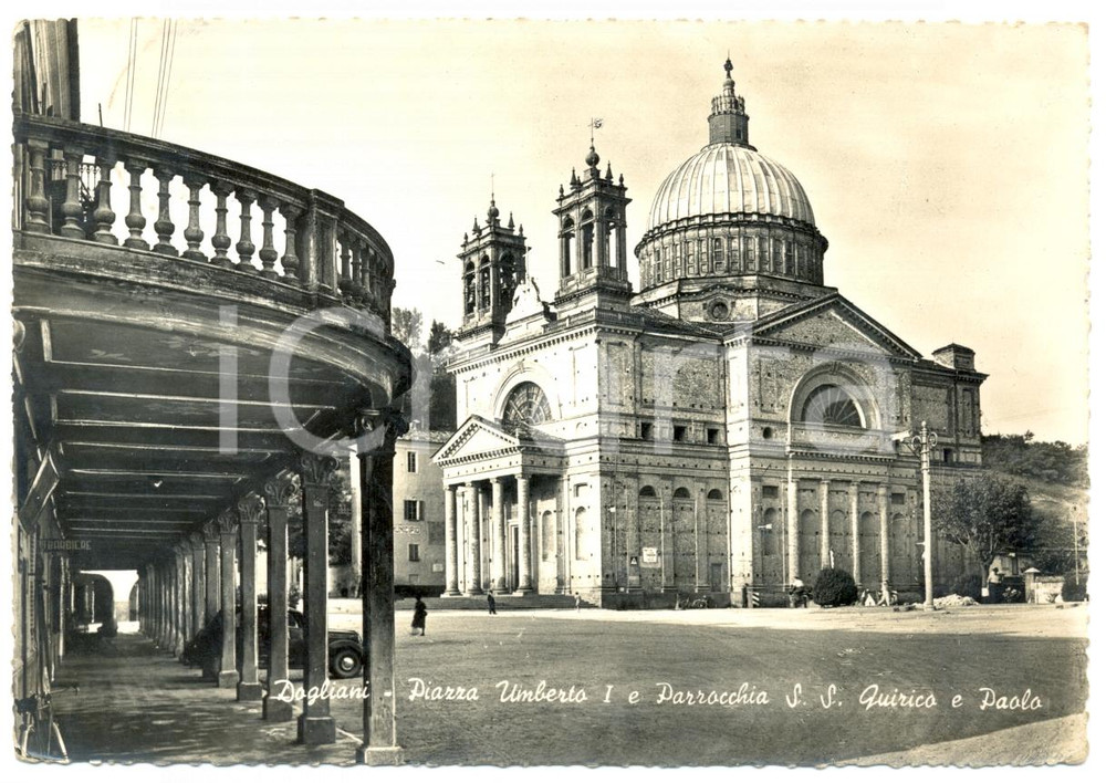 Cartolina originale da collezione 1954 DOGLIANI CN Piazza UMBERTO I Parrocchia SANTI QUIRICO E PAOLO ANIMATA 1