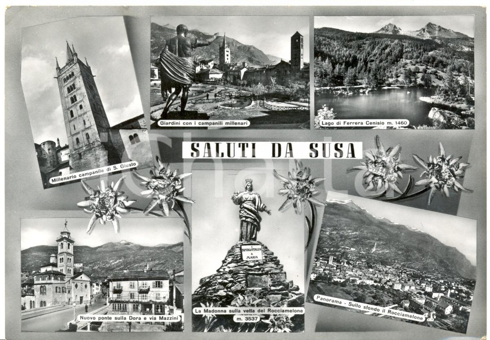 Cartolina originale da collezione 1959 SUSA TO Vedutine con campanile SAN GIUSTO e Lago FERRERA CENISIO FG VG 1