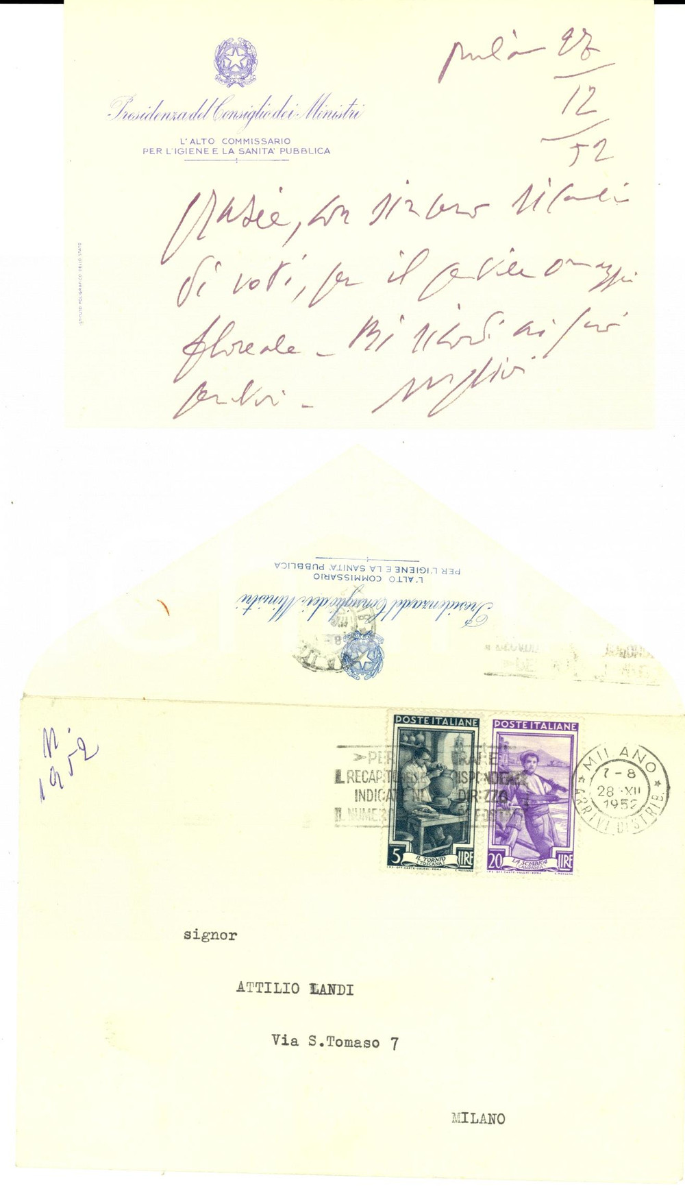Autografo originale 1952 ROMA Giambattista MIGLIORI ringrazia per omaggio floreale Autografo 1
