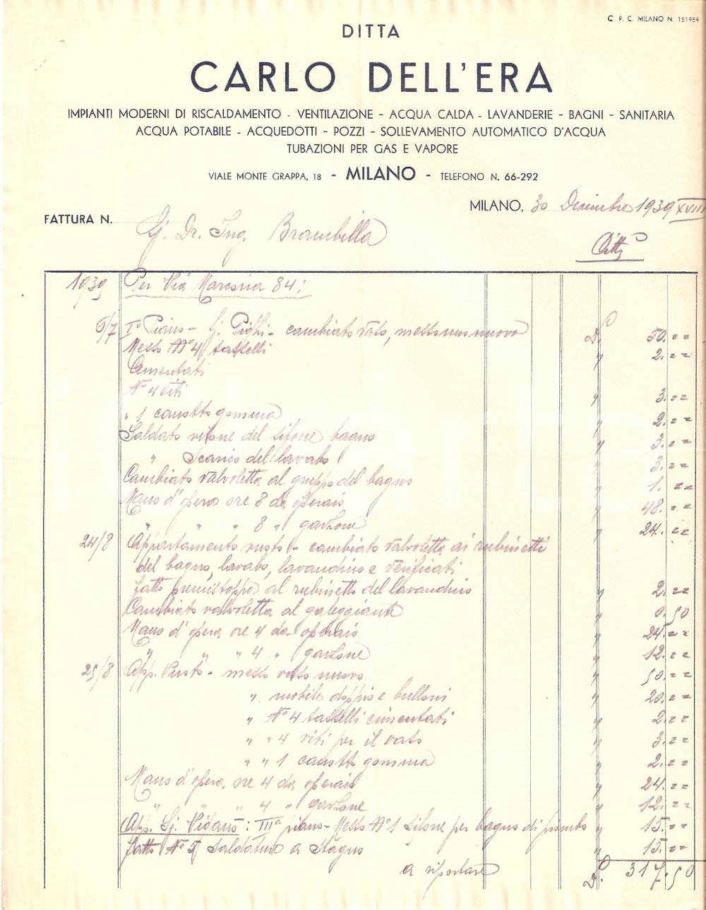 Documento originale, autentico 1939 MILANO Ditta Carlo DELL ERA Impianti riscaldamento Fattura 1