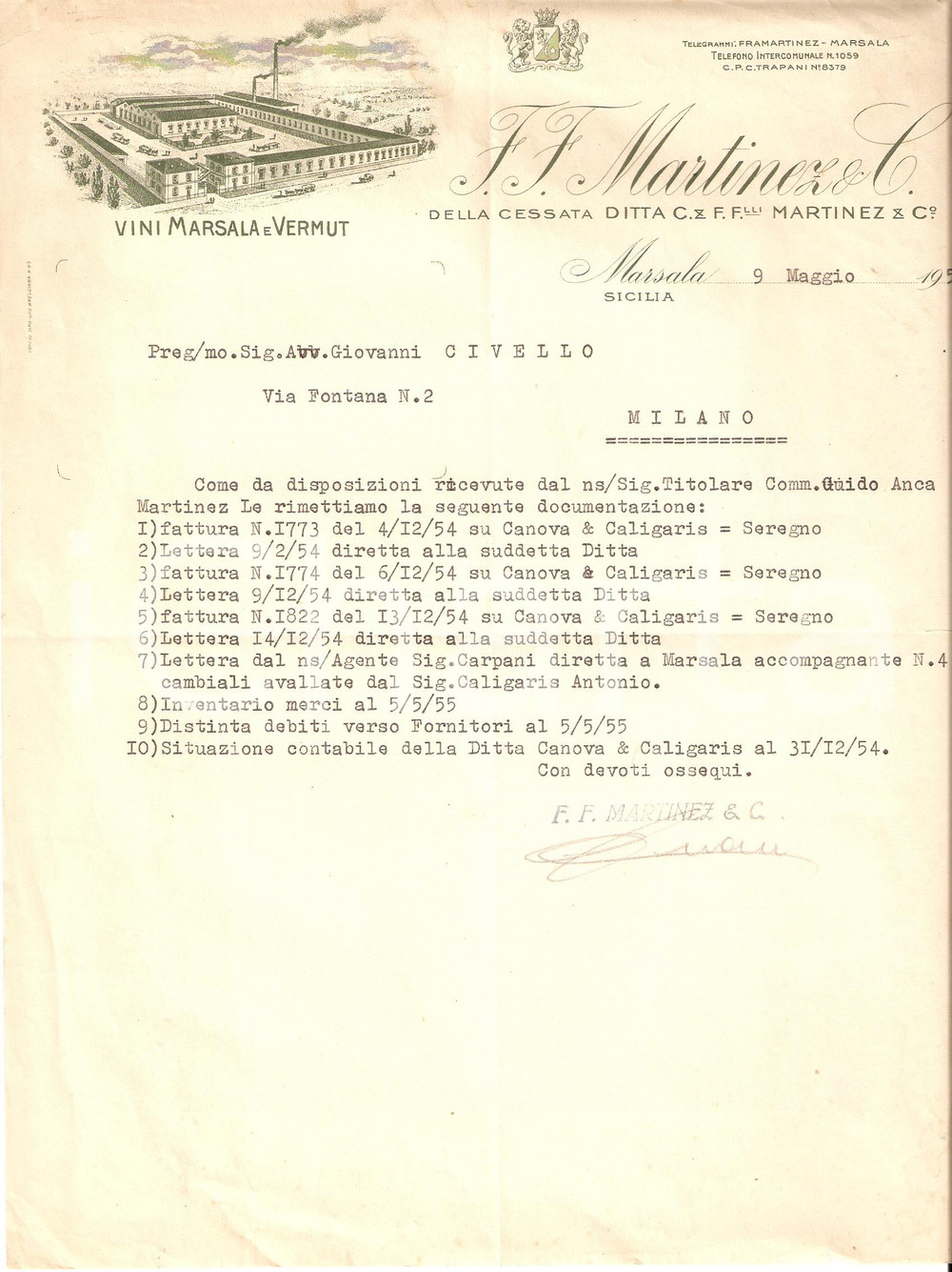 Manoscritto, lettera originale 1955 MARSALA TP Ditta MARTINEZ & C. Marsala Vermut ILLUSTRATO Lettera 1