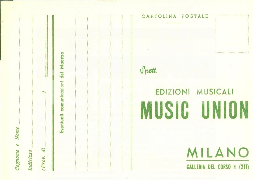 Cartolina originale da collezione 1950 ca MILANO Cedola Edizioni Musicali MUSIC UNION Cartolina FG NV 1