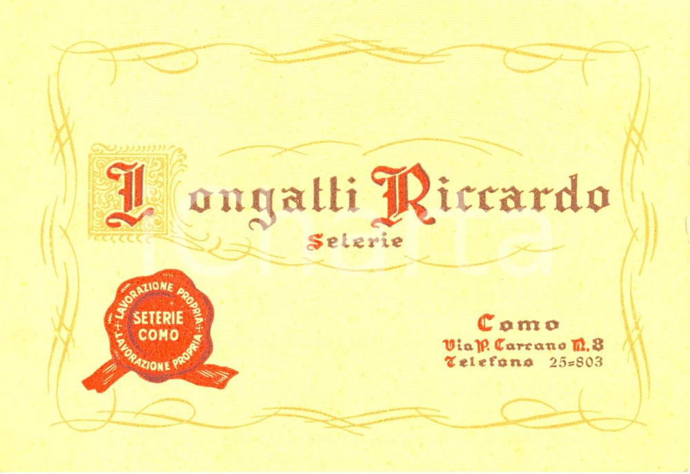 Materiale pubblicitario d’epoca 1950 ca COMO Riccardo LONGATTI Lavorazione propria di SETA Cartoncino pubblicità 1