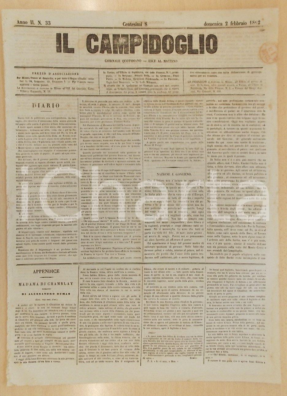 Giornale, rivista storica 1862 MILANO Giornale IL CAMPIDOGLIO Governo Nazione in ITALIA sono una cosa sola 1