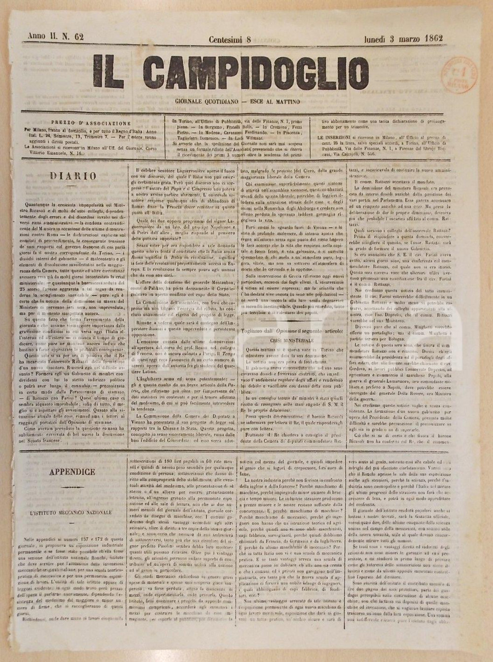 Giornale, rivista storica 1862 MILANO Giornale IL CAMPIDOGLIO UtilitÃ  dell Istituto Meccanico Nazionale 1