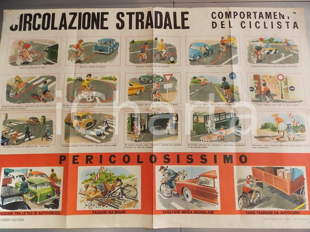 Oggetto da collezione cartaceo 1960 ca CIRCOLAZIONE STRADALE Comportamento del ciclista Manifesto ILLUSTRATO 1