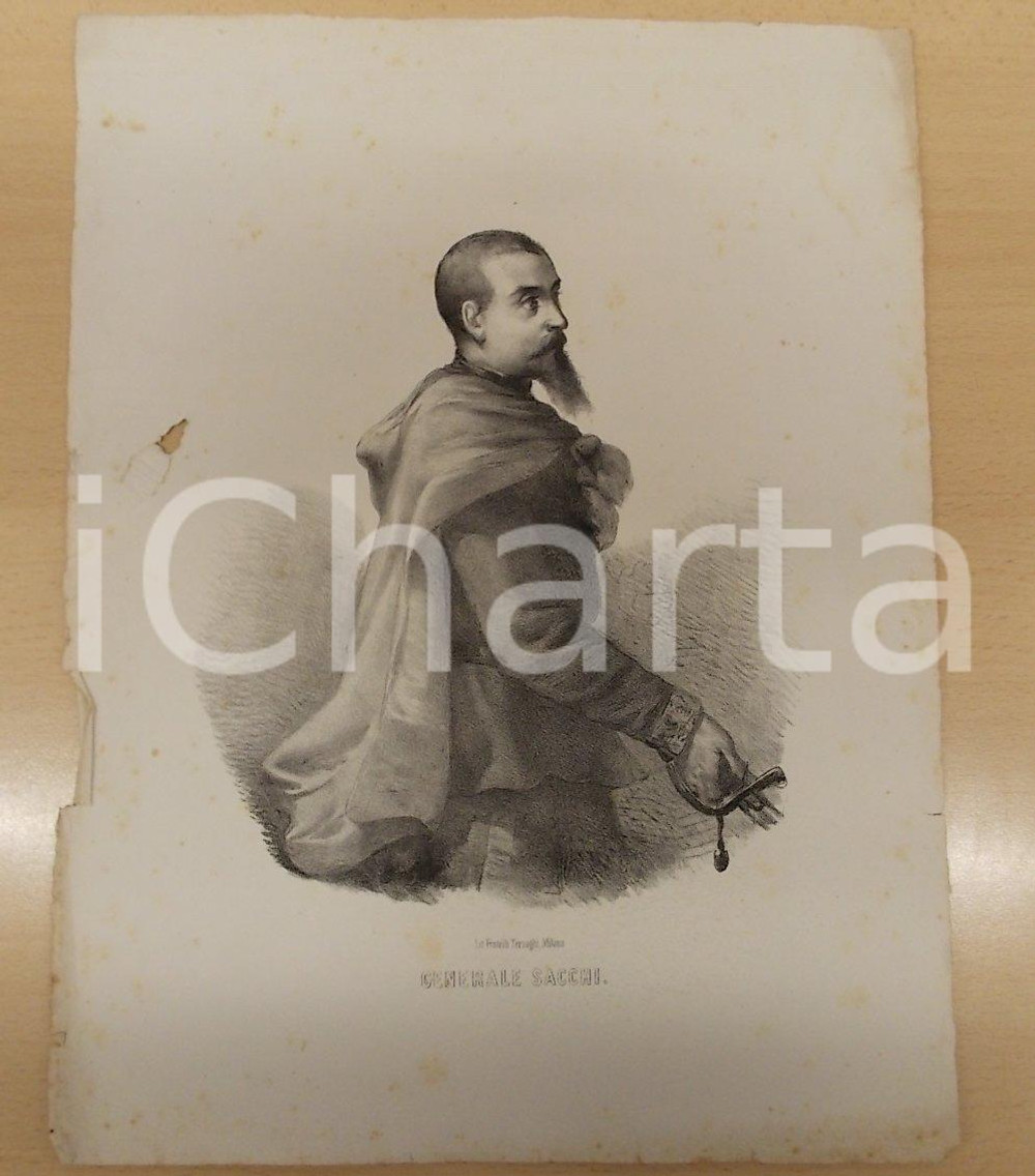 Stampa, bozzetto originale 1861 GUERRA D ITALIA Generale garibaldino Gaetano TELECHI Stampa DANNEGGIATA 1