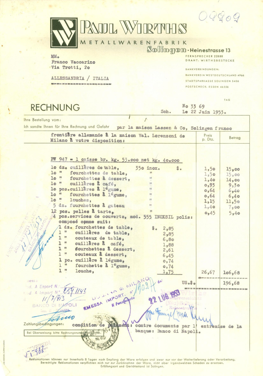 Documento originale, autentico 1953 SOLINGEN DE Paul WIRTHS Metallwarenfabrik Fattura commerciale 1