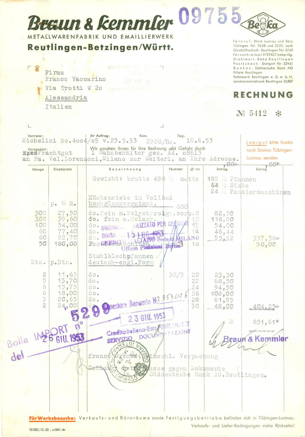 Documento originale, autentico 1953 REUTLINGEN DE Metallwarenfabrik emaillierwerk BRAUN & KEMMLER Fattura 1