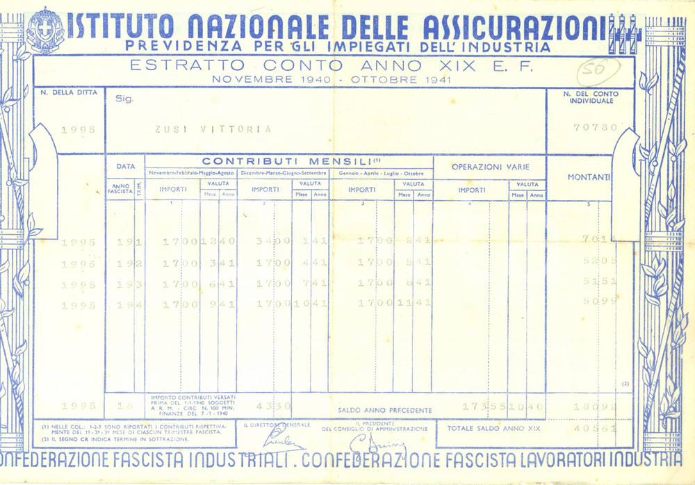 Documento originale, autentico 1940 ISTITUTO NAZIONALE DELLE ASSICURAZIONI Estratto conto contributi impiegati 1