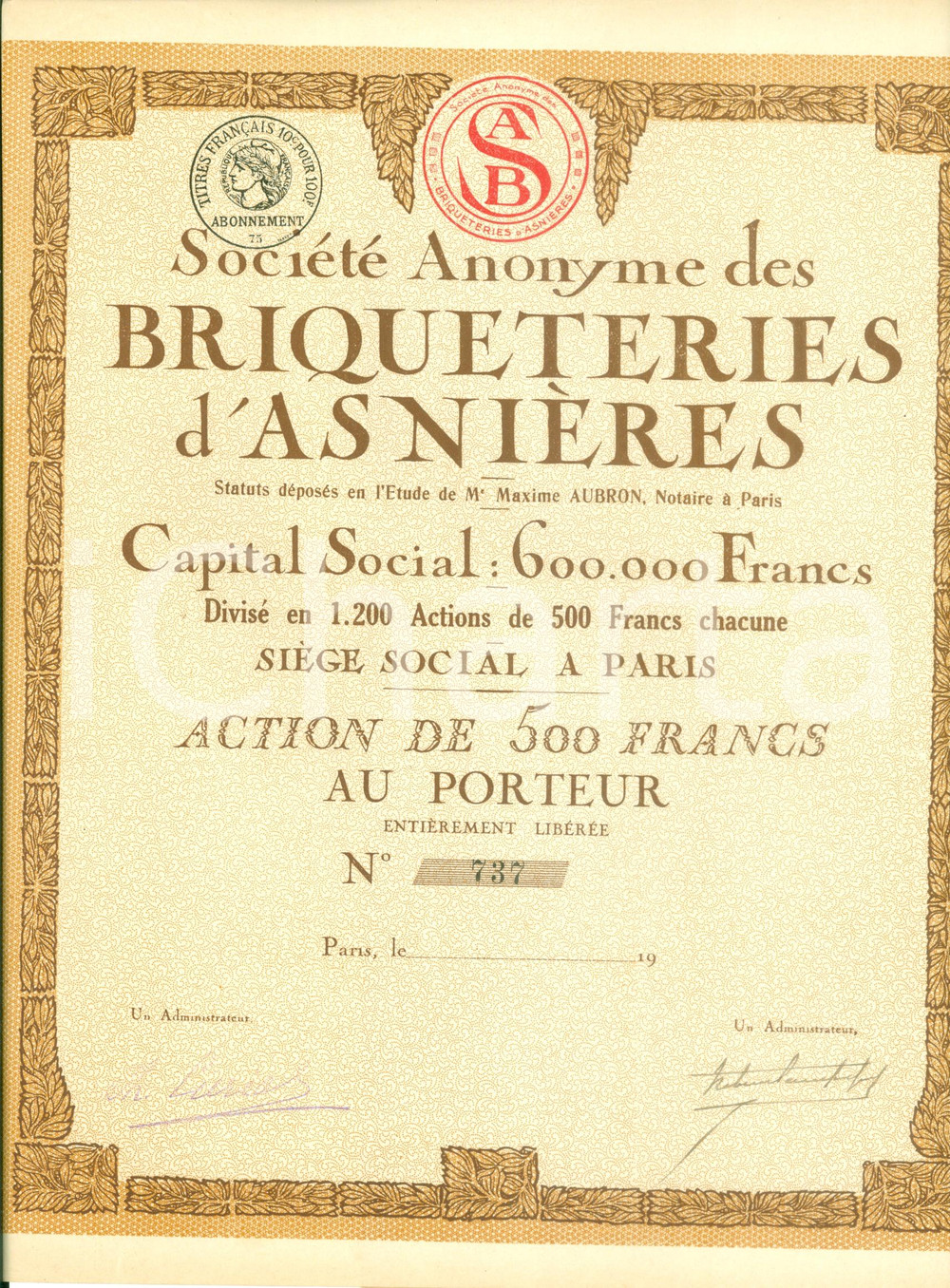 Oggetto da collezione cartaceo 1930 ca PARIS SociÃ©tÃ© Anonyme des Briqueteries d ASNIERES Action 500 Francs 1