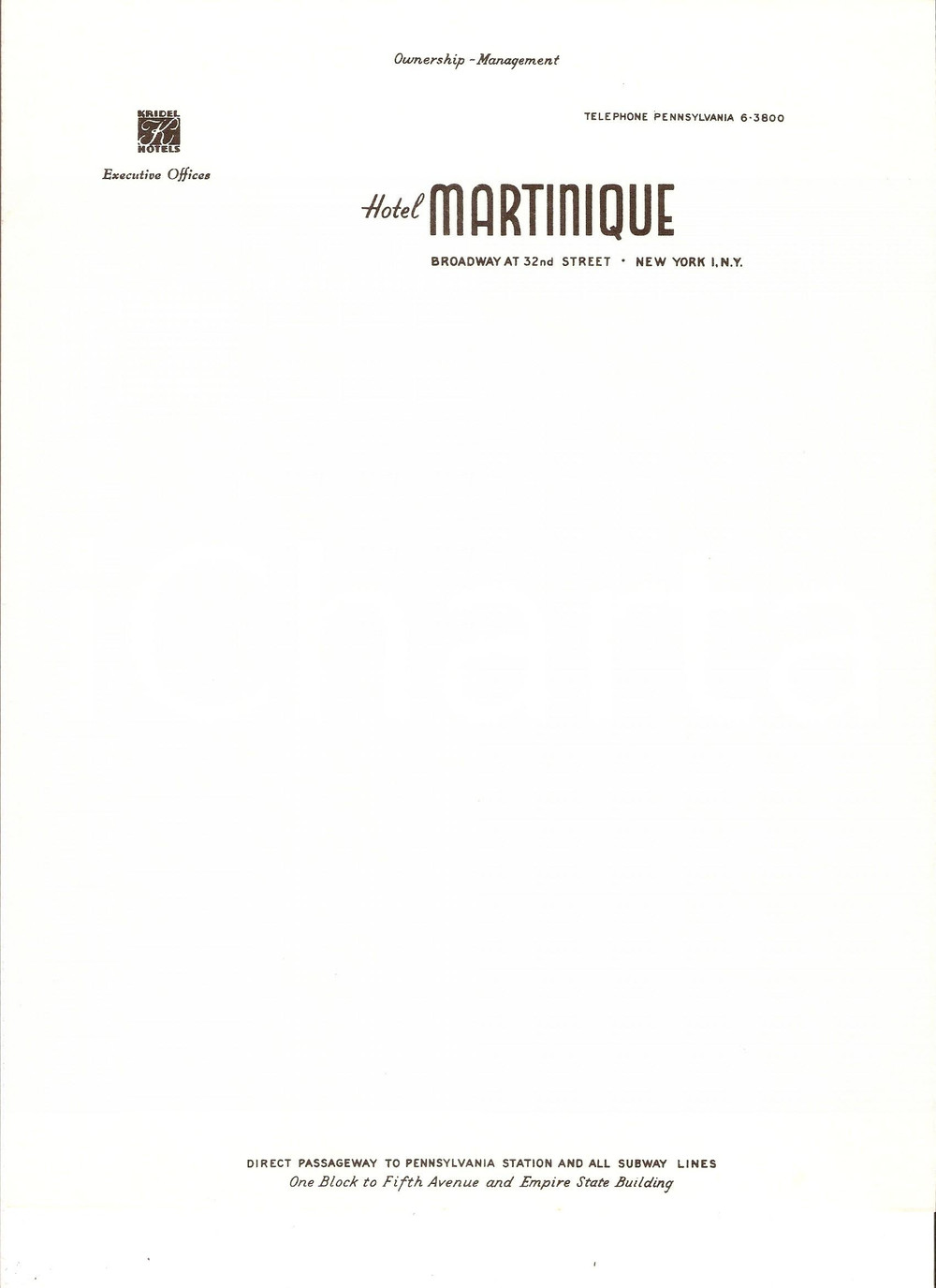 Materiale pubblicitario d’epoca 1950 ca NEW YORK Hotel MARTINIQUE Management KRIDEL Hotels Carta intestata 7 1