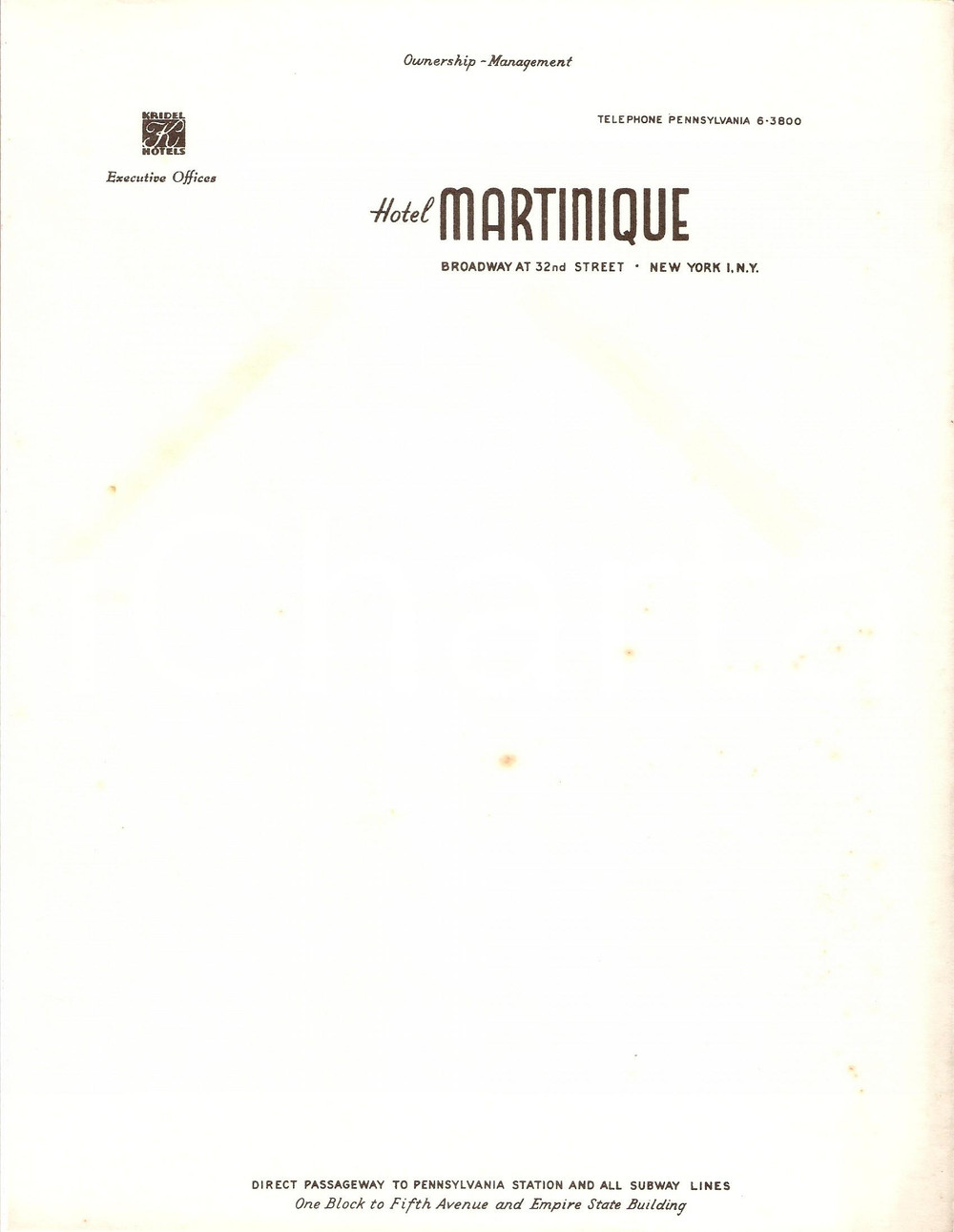 Materiale pubblicitario d’epoca 1950 ca NEW YORK Hotel MARTINIQUE Management KRIDEL Hotels Carta intestata 6 1