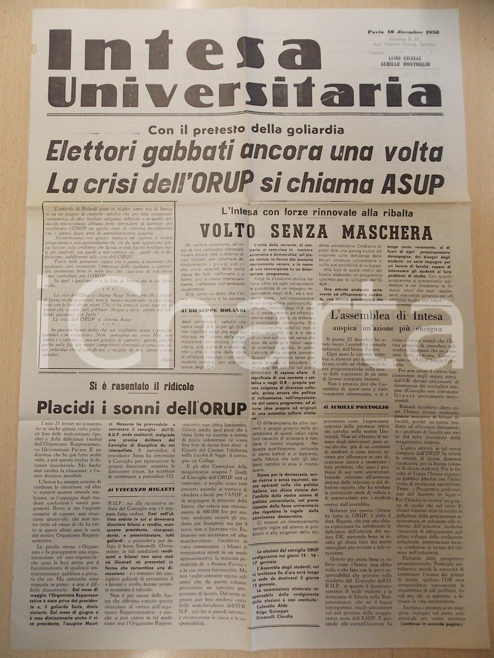 Giornale, rivista storica 1956 PAVIA INTESA UNIVERSITARIA Elettori gabbati e crisi dell ORUP Giornale 1
