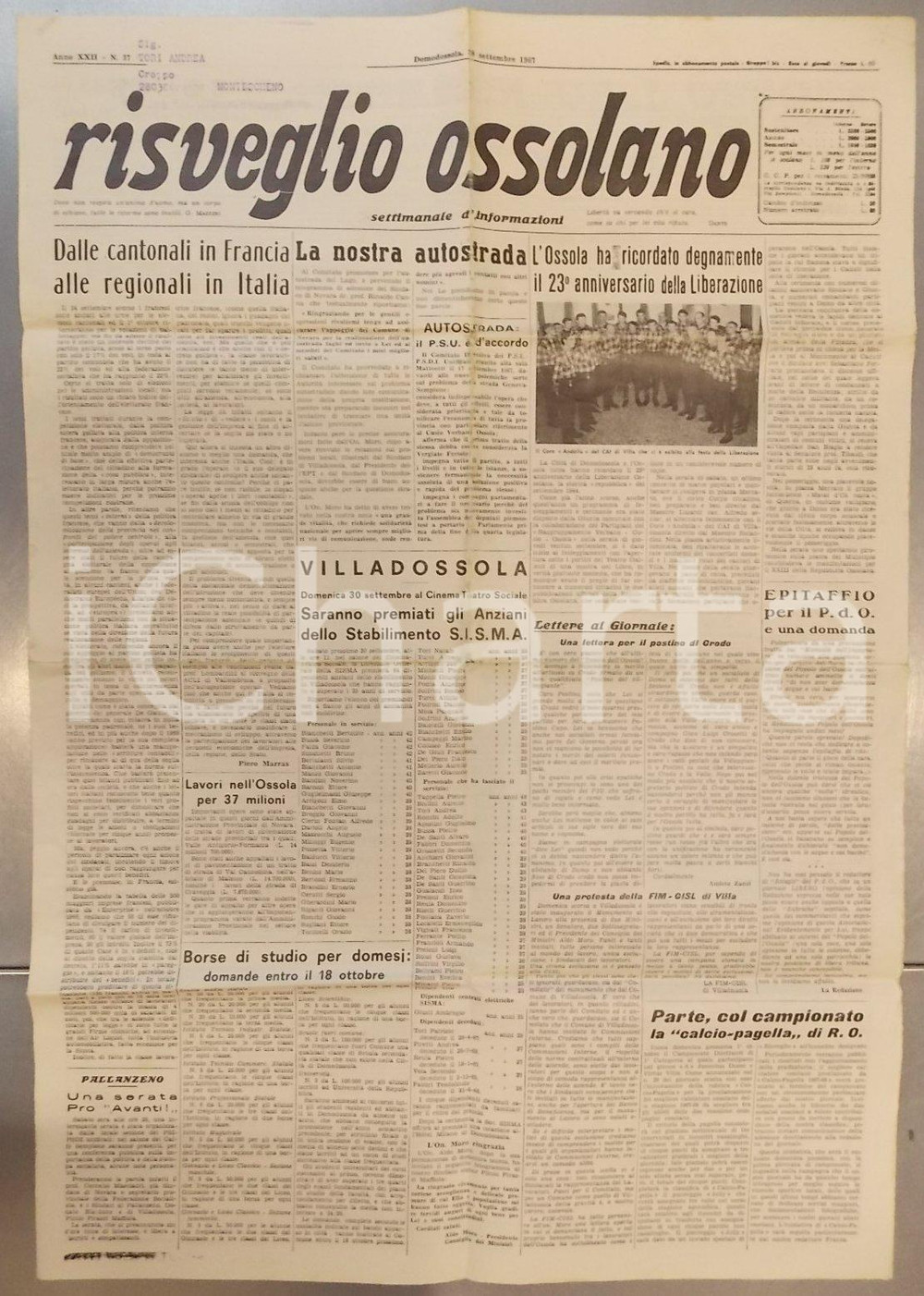 Giornale, rivista storica 1967 RISVEGLIO OSSOLANO Val d OSSOLA celebra anniversario della Liberazione 1